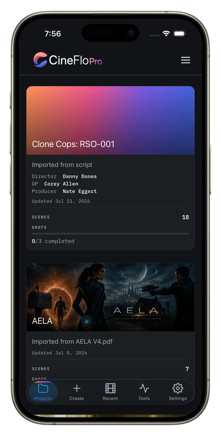 CineFlo on iPhone in the dark theme.