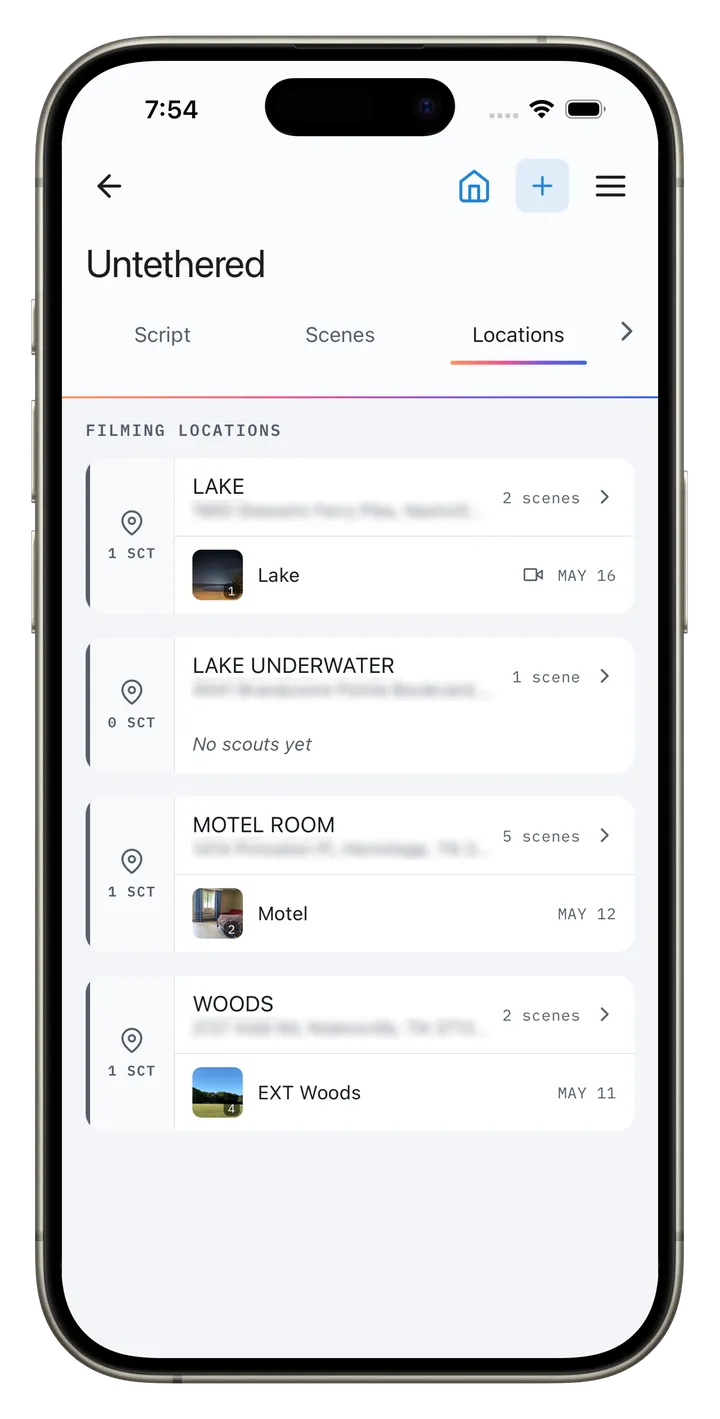 CineFlo locations on iPhone, grouping scenes by where they shoot.