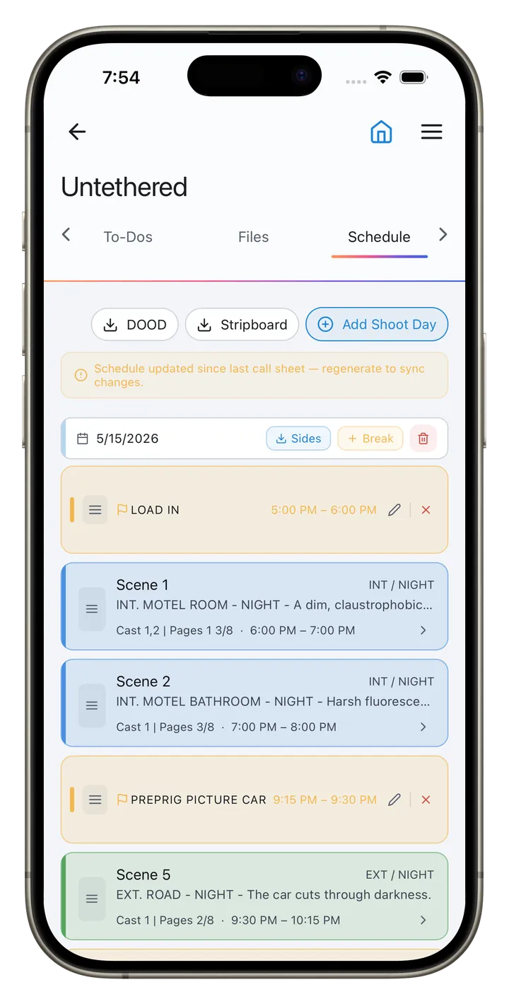 CineFlo shooting schedule on iPhone, showing a stripboard day.