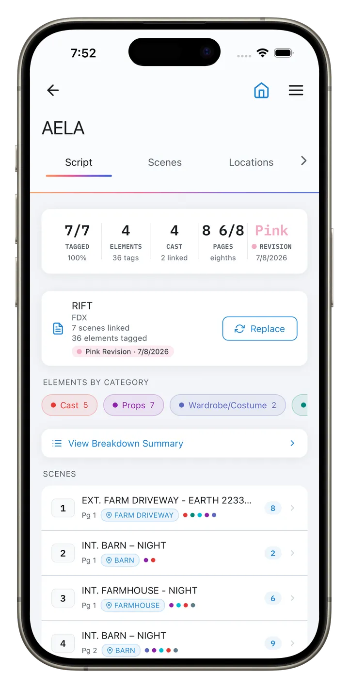 CineFlo script breakdown on iPhone, with tagged elements and revision color.