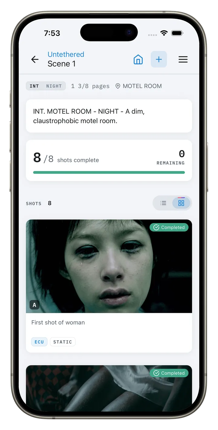 CineFlo shot list for a scene on iPhone, each shot with its status and reference frame.