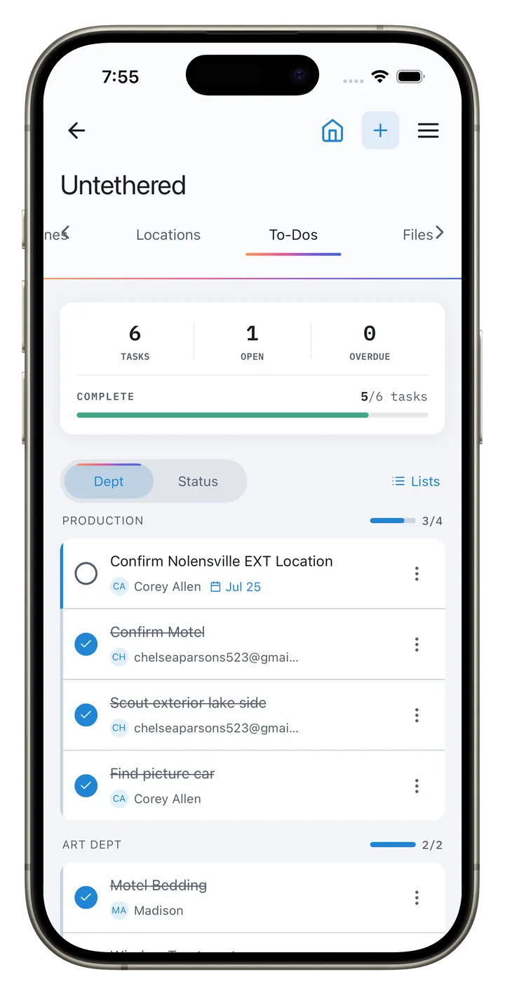 CineFlo production to-do list on iPhone.